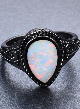 新款跨境个性风潮时尚OL黑金  白色澳宝水滴形戒指厂家