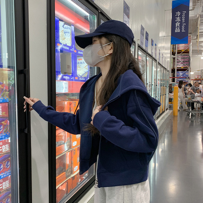 连帽卫衣女秋冬加绒2024新款短款休闲开衫外搭藏青色深秋初冬外套