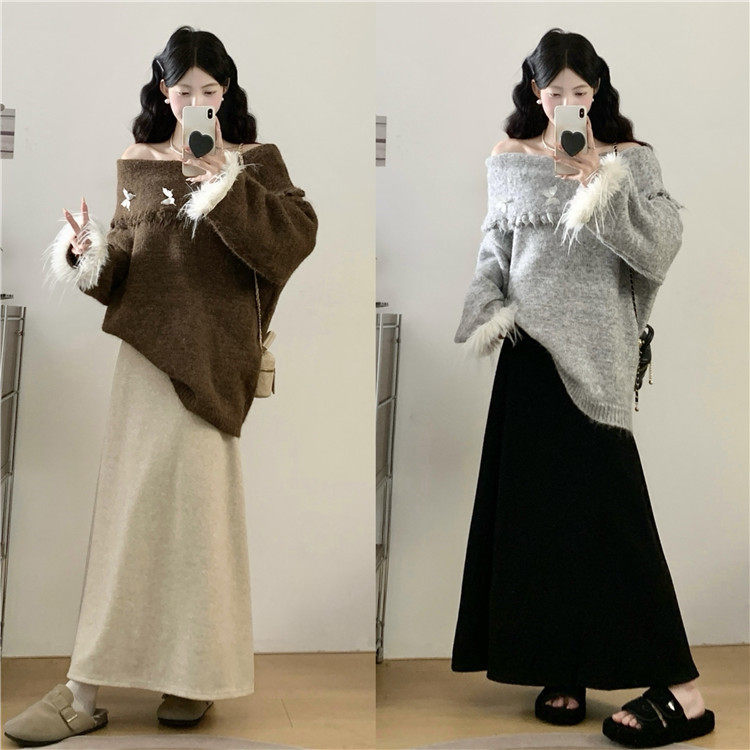 实拍~高级感流苏蝴蝶斜肩露肩毛衣胖mm宽松慵懒风中长款针织上衣