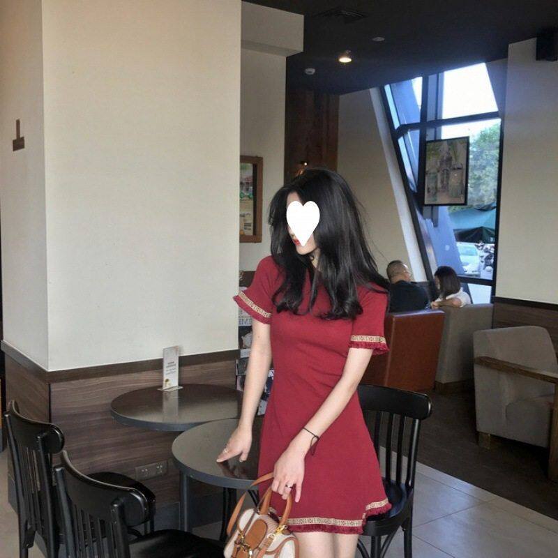 韩风Chic圆领修身显瘦学生短袖流苏连衣裙百搭套头收腰包臀A短裙