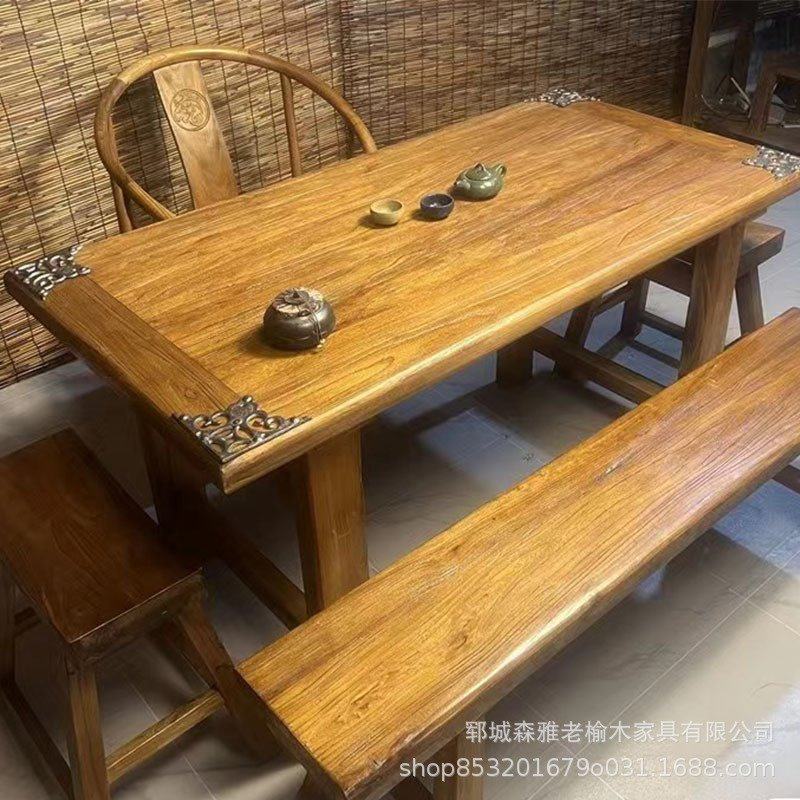 老榆木茶桌复古原木风化老门板餐桌家用书桌长桌椅束腰中式马蹄桌