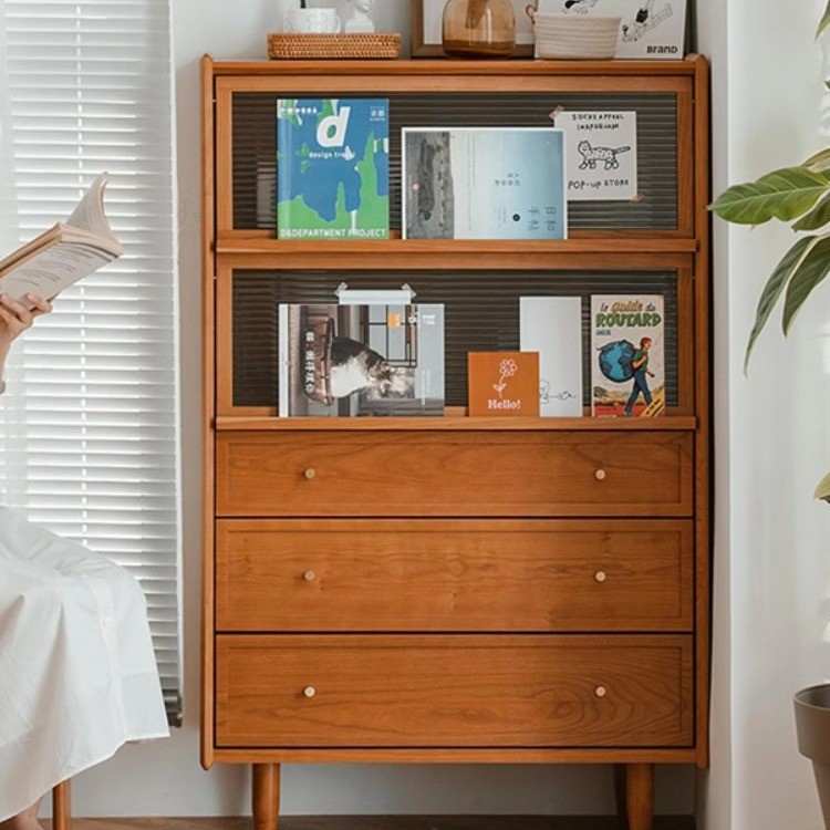 樱桃木五斗柜实木书柜客厅黑胡桃木靠墙沙发边柜日式上翻门餐边柜