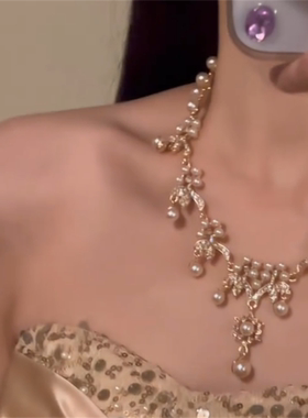 爆闪超仙花朵仿珍珠流苏项链