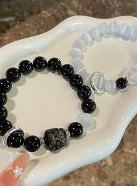 天然黑曜石醒狮手串男款送男友生日礼物高品质水晶手链情侣一对