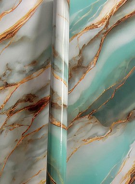 花岗岩鎏金绿色大理石纹自粘墙纸厨房加厚防油贴壁纸3d