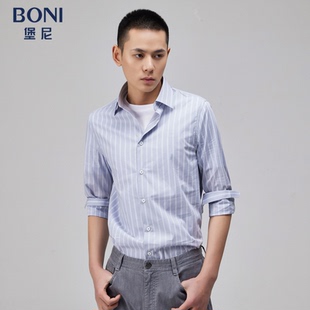 BONI/堡尼春夏新品商务长袖衬衫竖条纹棉质男士休闲衬衣GN184011B