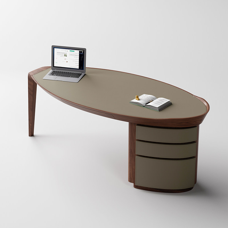 高端马鞍皮实木书桌别墅办公桌意式极简书房电脑桌设计师写字桌