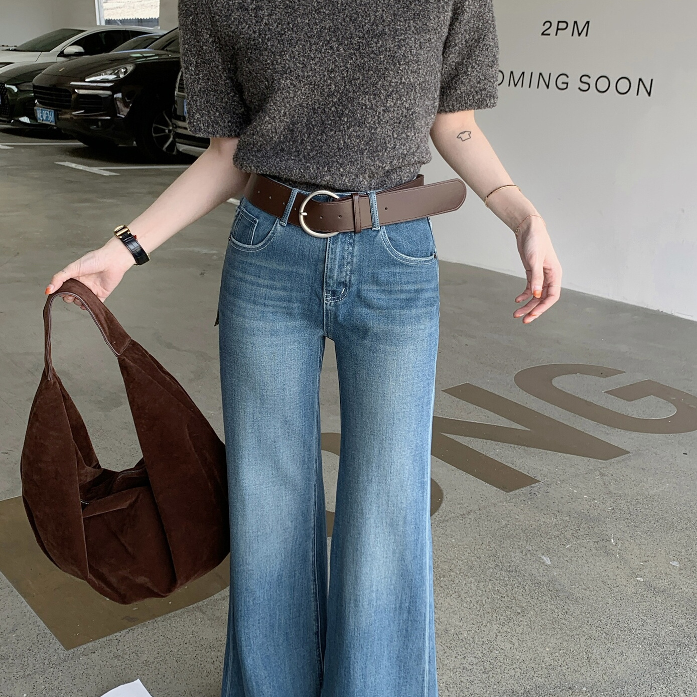 秋冬薄绒美式复古阔腿微喇牛仔裤