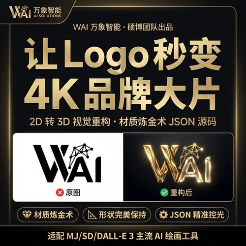 AI绘画提示词Logo设计转3D立体大片 图生图 质感重构JSON源码