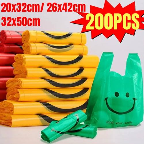 200-50Pcs Plastic Shopping Bags with Handle  3 Sizes Superma