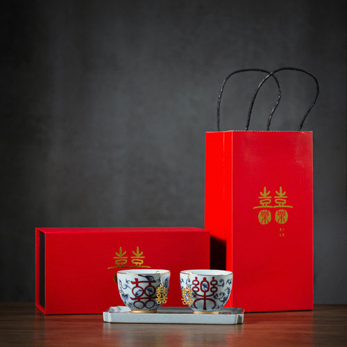 婚庆对杯青花喜字 陶瓷对杯套装红色喝水杯子结婚婚礼交杯批发