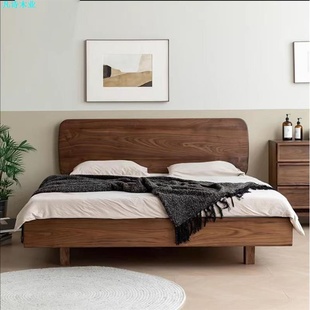 北欧日式樱桃木黑胡桃木实木悬浮床简约曲面造型扎实无异响双人床