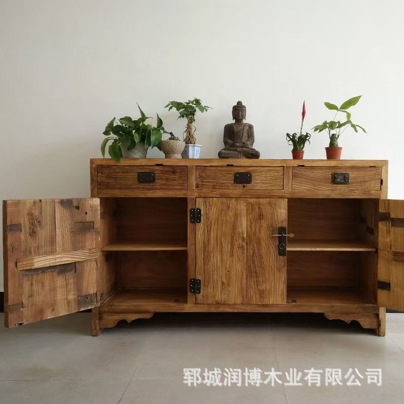 老榆木餐边柜实木储物收纳柜家用客厅柜风化老门板边柜新中式柜子