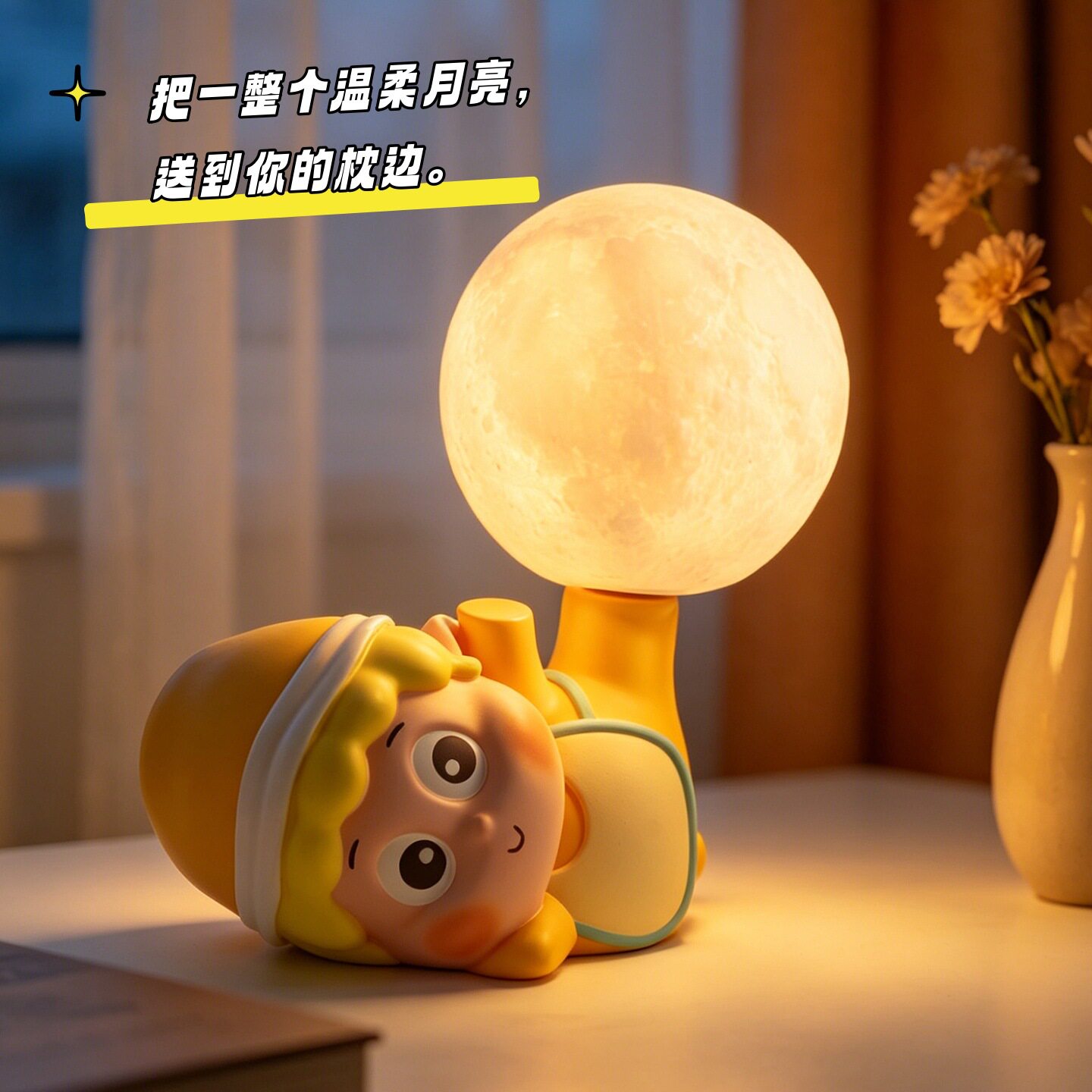 小黄帽星星人小夜灯儿童卧室房间床头灯氛围感桌面摆件月球灯台灯
