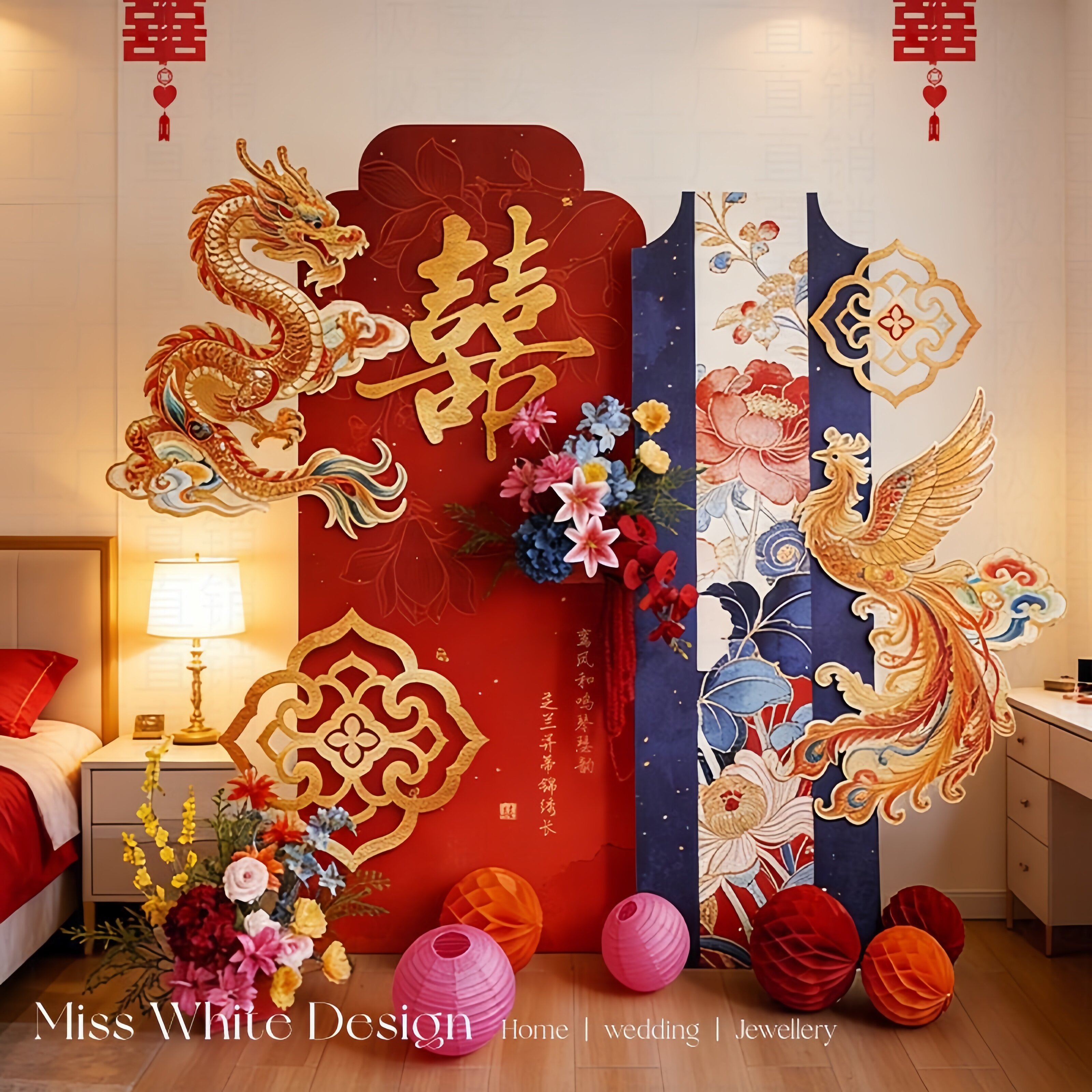 中式婚房布置国潮龙凤喜字kt板晨袍背景拍照出片区结婚迎宾牌套餐