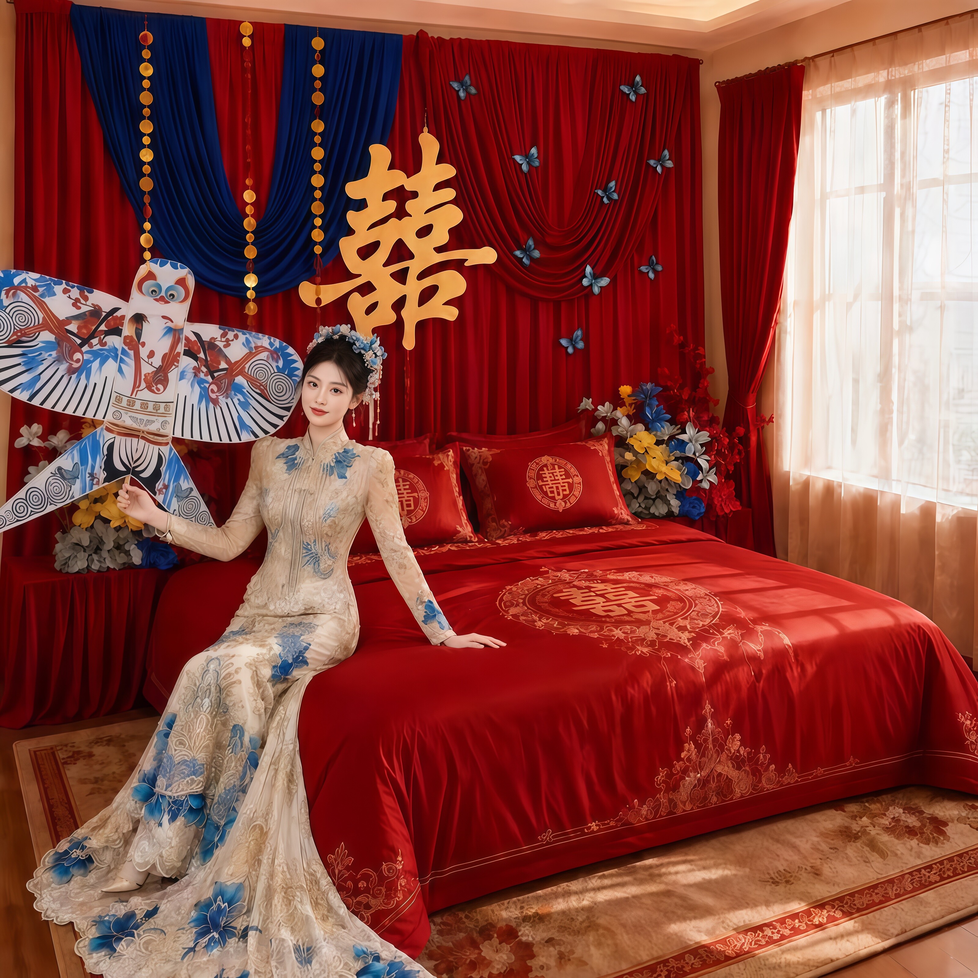 结婚房布置红色布幔套装新房布置