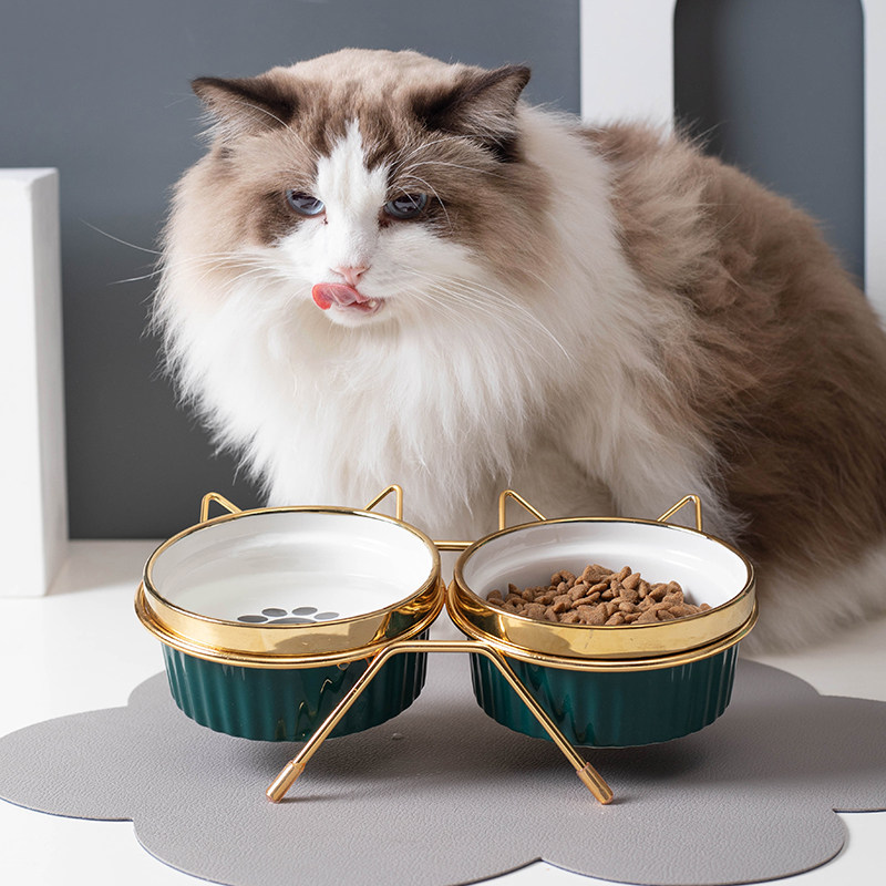 轻奢风格猫碗陶瓷双碗幼猫用食盆狗狗碗饭碗宠物饮水粮碗保护颈椎