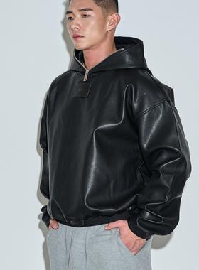 OUTOF - 款号96 立体廓形皮衣套衫 质感连帽皮卫衣