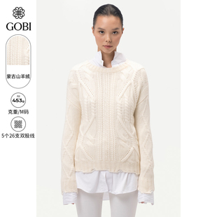 GOBI戈壁秋冬白色圆领绞花时尚不规则摆羊绒衫女士针织毛衣WK774