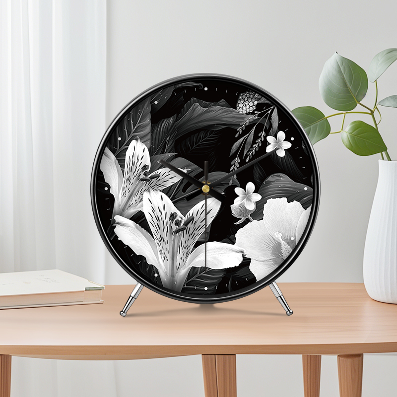 现代家用台式座钟摆放台钟创意百合钟表客厅简约时钟表静音桌面