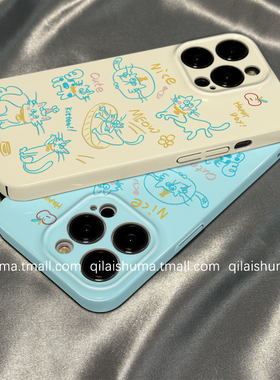 柒莱菲林壳适用于opporeno15/14/13pro手机壳12/11/10新款女findx8x7涂鸦蓝色线条猫咪a5硬a3真我gt6软neo7套