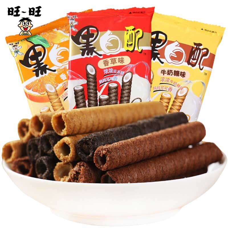 旺旺黑白配香草味椰奶味16g*20包休闲零食饼干夹心卷袋多口味自选