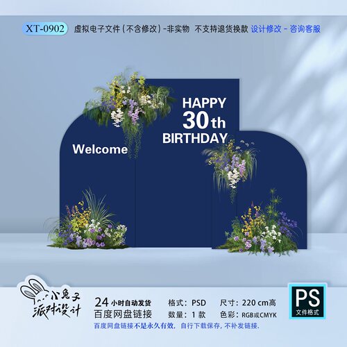 深蓝色高级感男士30岁生日成人礼气球派对背景迎宾KT设计素材PS