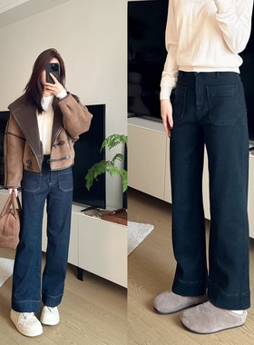 【YYIN】复古法式Sess*高腰插袋休闲九分加绒保暖显瘦直筒牛仔裤