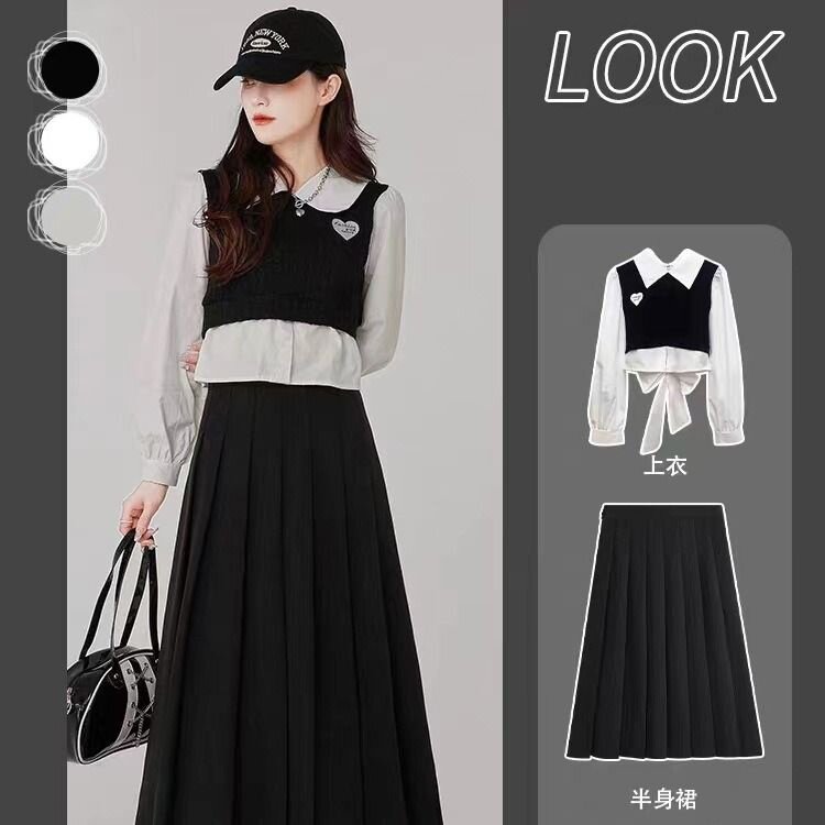 中长款半身裙女秋冬黑色显瘦高腰a字裙ins超长裙百搭时尚百褶裙子