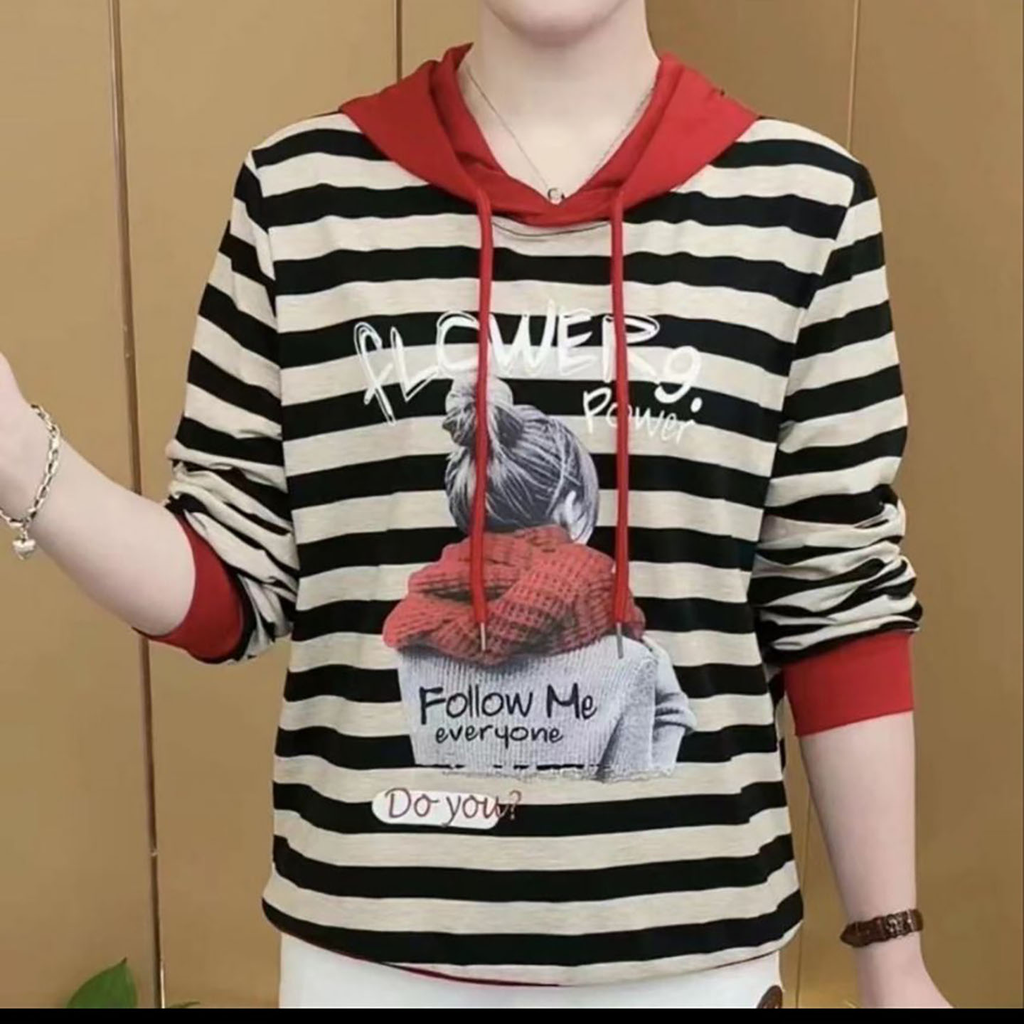 惠瑞发女装纯棉条纹连帽卫衣春秋季女士显瘦长袖2026新款妈妈装a2