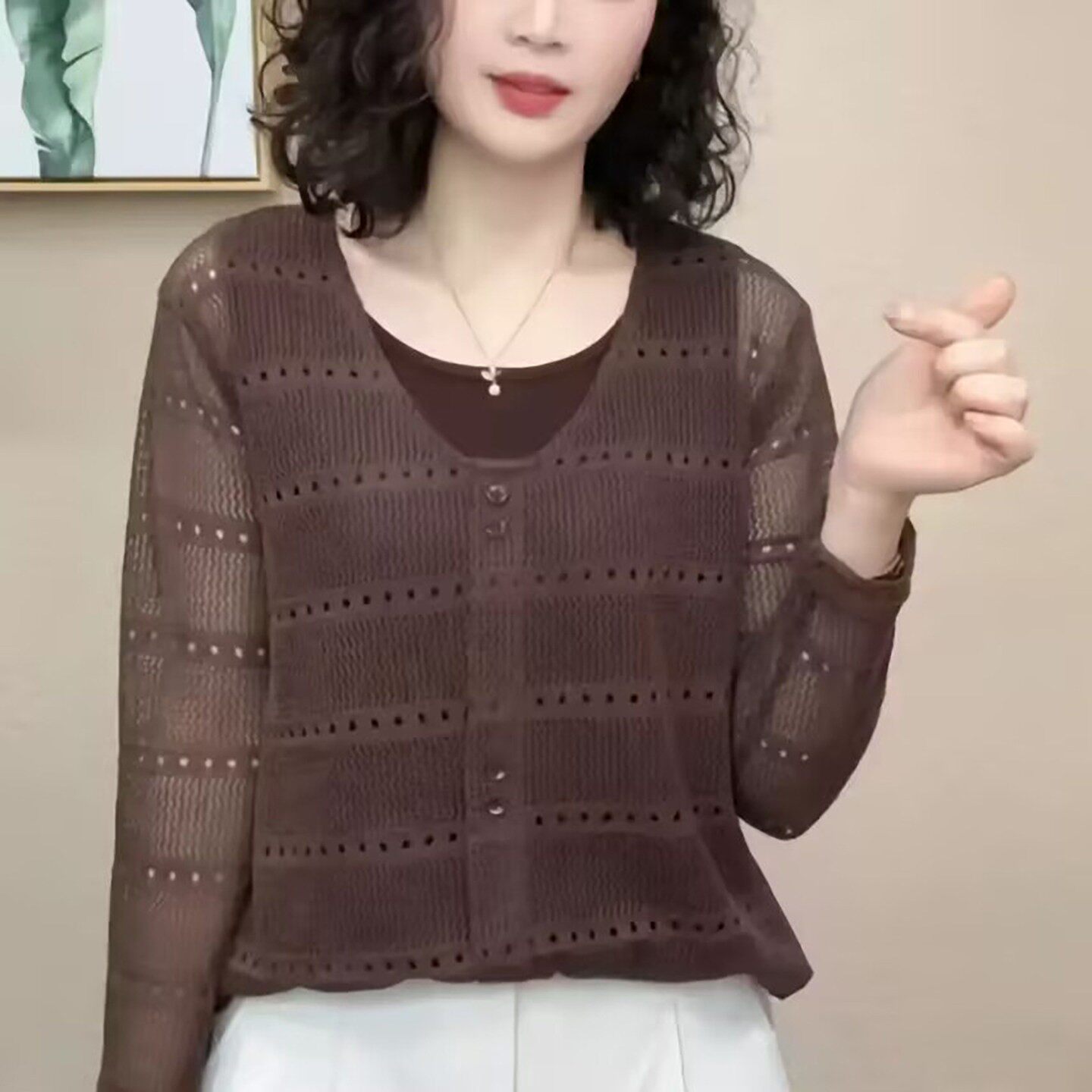 铂瑾女装2026秋季新款镂空牡丹衫女士假两件长袖T恤洋气百搭上a8