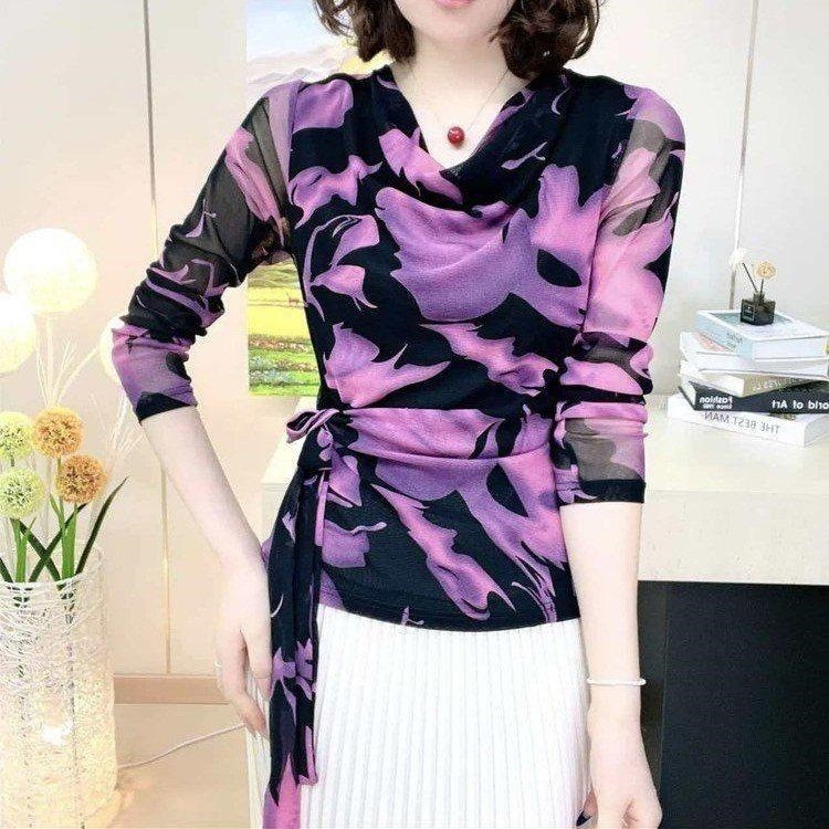 中老年女士时尚印花薄款长袖T恤宽松大码显瘦上衣夏季新款穿搭a6