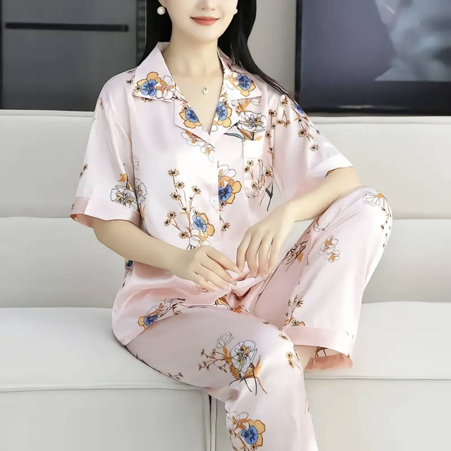 点击率服饰甄选店女装范朵町防真丝印花睡衣夏季女士款家居服套a4