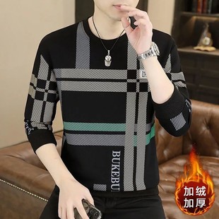 打底衫 东蓝语男装 长袖 时尚 圆领套头a54 加绒加厚条纹卫衣秋冬男士