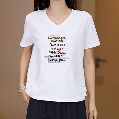 夏季薄款宽松透气V领短袖T恤女上衣遮肉显瘦纯棉时尚印花体恤衫a4