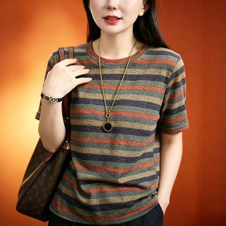 正品时尚休闲女装条纹薄款T恤夏季圆领短袖宽松大码女装舒适a9