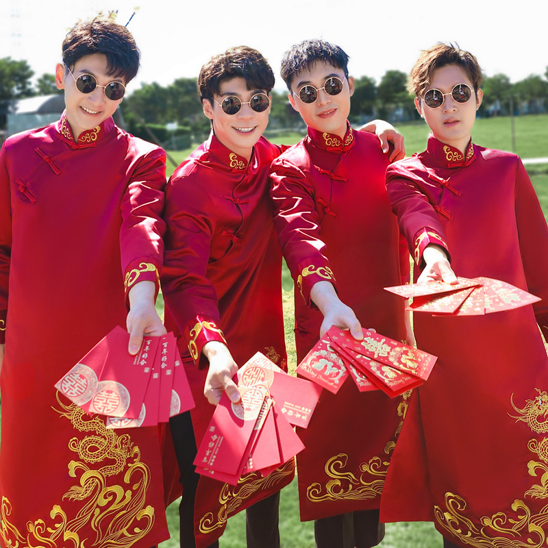 伴郎服中式婚礼兄弟搞笑唐装秀禾