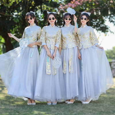 姐妹团礼服长袖中式大码伴娘服