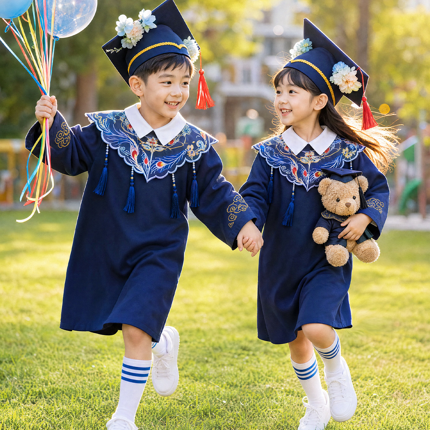 幼儿园博士服簪花儿童学士服套装小学生六一表演毕业礼服绣花云肩