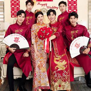 伴郎服中式男婚礼兄弟团衣服搞笑抢亲大码伴郎服长衫长袍马褂唐装