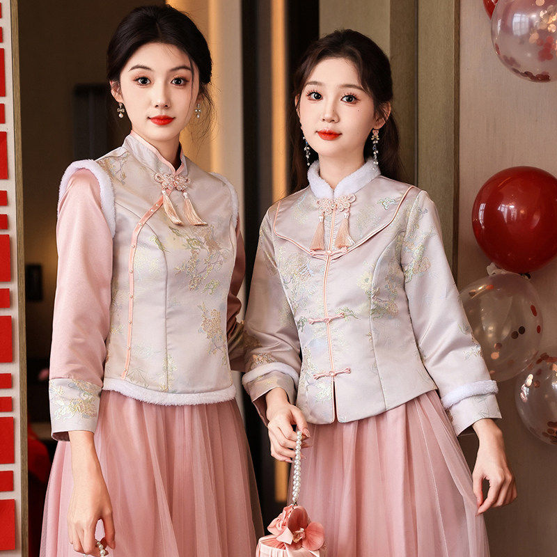 中式伴娘服2026新款姐妹团结婚礼服女长袖保暖复古旗袍气质伴娘裙