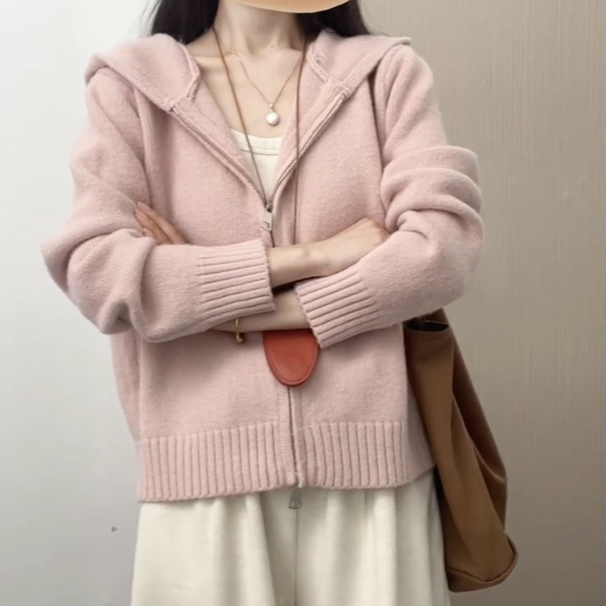 粉色连帽针织衫上衣女秋