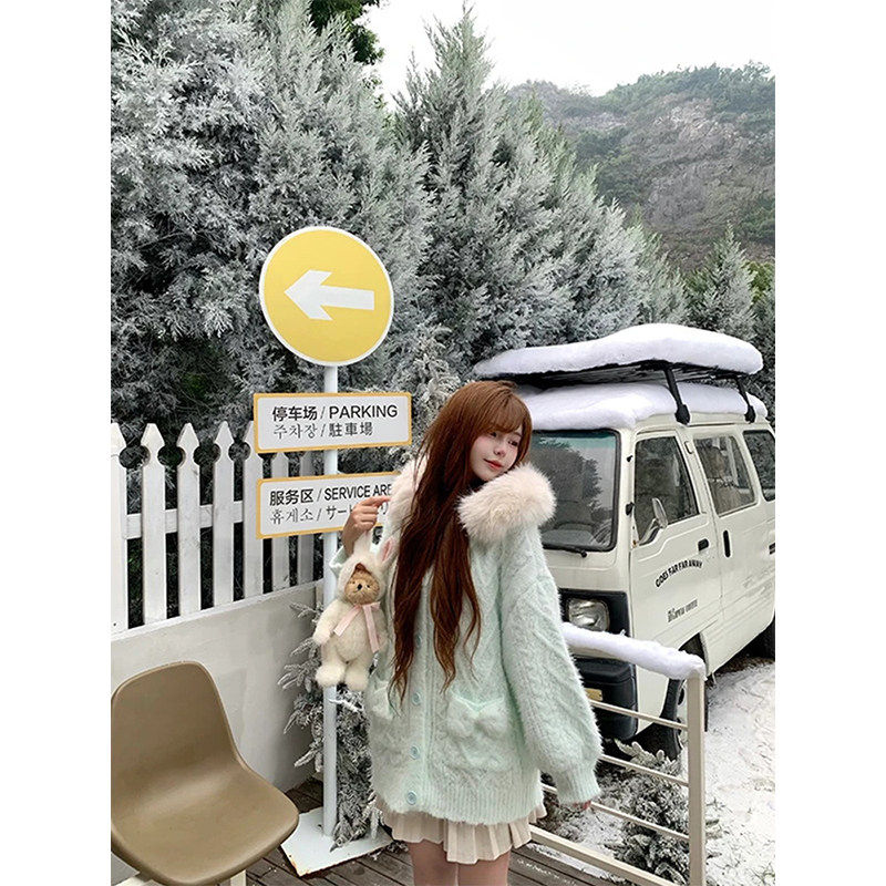 可拆卸毛领开衫毛衣女秋