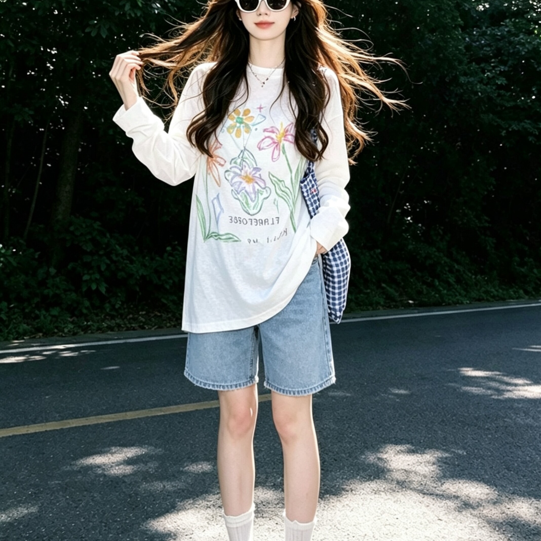 学院风薄款花卉微透长袖防晒罩衫T恤女夏季慵懒百搭凉感透气上衣