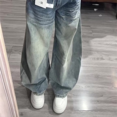 小个子美式复古水洗做旧阔腿弯刀牛仔裤女低腰宽松直筒拖地裤