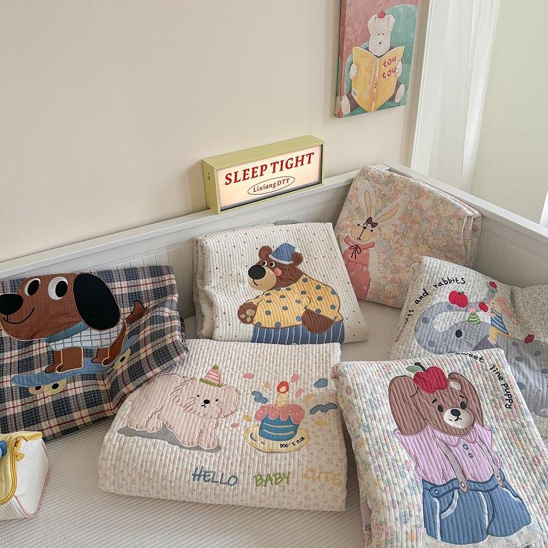 CELING韩式卡通贴布刺绣绗缝夹棉酵素砂洗双面全棉双层纱床盖床单