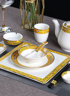 珐琅彩陶瓷摆台酒店高档餐具套装中国风会所包厢餐厅单位宴客碗盘