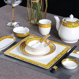 珐琅彩陶瓷摆台酒店高档餐具套装中国风会所包厢餐厅单位宴客碗盘