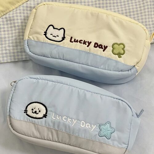 韩系海盐蓝猫咪撞色笔袋高颜值ins大容量女学生铅笔盒文具收纳袋
