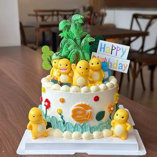 网红奶龙蛋糕装 饰胖胖卡通可爱黄色小恐龙摆件森林彩虹甜品台插件